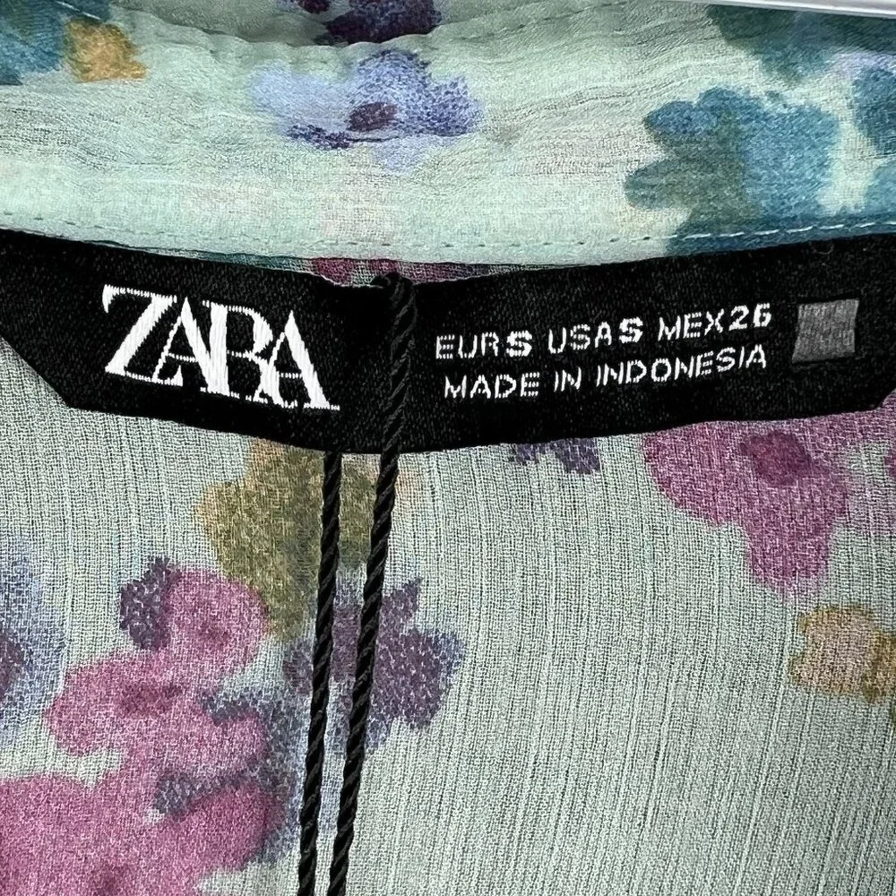 Zara NWT Womens S Floral Wrap Blouse Bell Sleeves Fairy Pastel Chiffon Crop Top - Picture 12 of 15